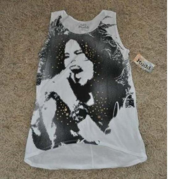 Womens Tunic Mudd Medium White Black Rock Star Pixel Hi-Lo Hem Studded Tank Top - Picture 2 of 3